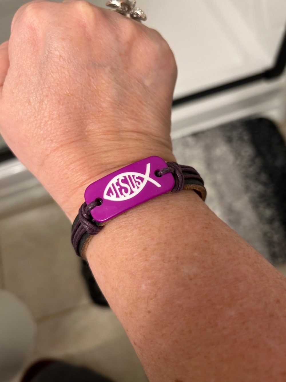 Purple 'Jesus' Fish Leather Bracelet — NWOT!